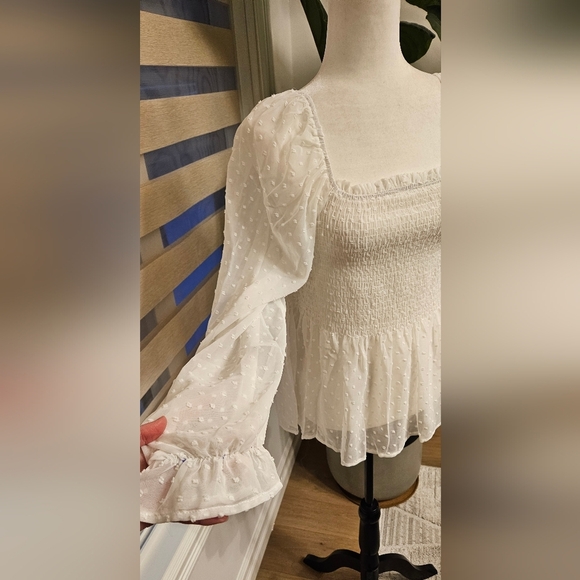 Apricot White Smocked Blouse with Sheer Sleeves - Picture 3 of 5